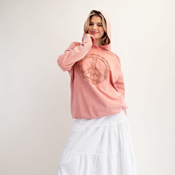 NEW EASEL CLOTHING WASHED TERRY KNIT PULLOVER PEACE HOODIE CORAL - Picture 3 of 10